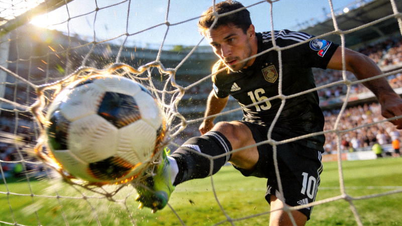 足球运动员射门进球的精彩瞬间特写